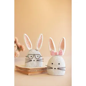 Set of 2 White-Wash Clay and River Rock Bunnies 1