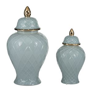 CER, 20"H ROPE TEMPLE JAR, BLUE/GOLD 8