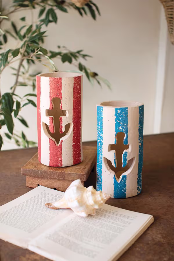 Set of 2 Painted Clay Anchor Luminaries