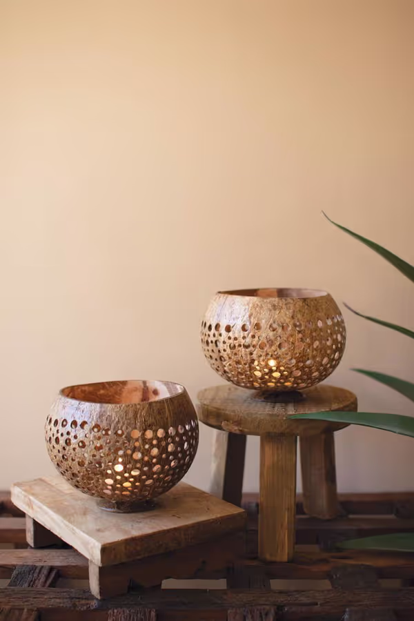 Set of 2 Carved Coconut Luminaries