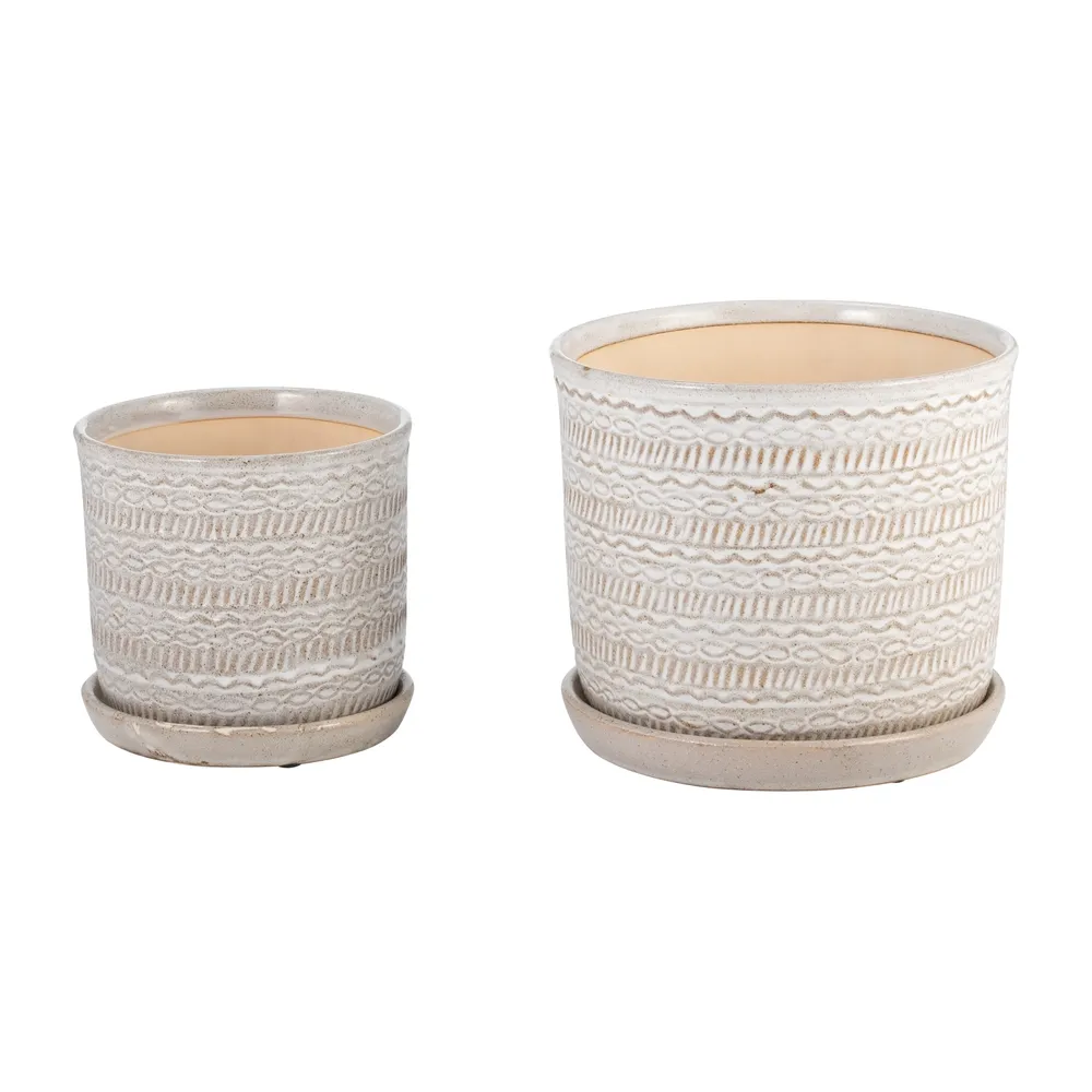 S/2  TRIBAL PLANTER 6/8" W/ SAUCER, BEIGE
