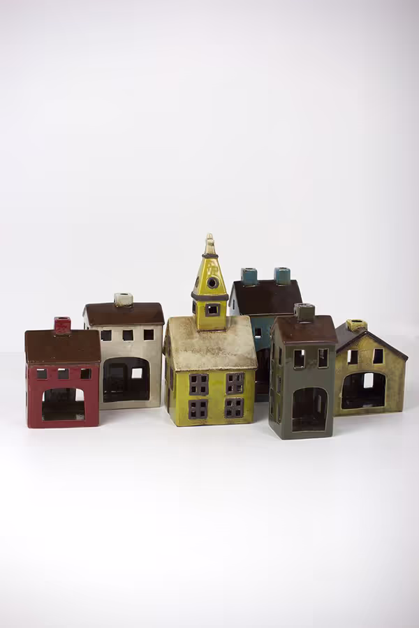 Set of 6 Colorful Ceramic Village Luminaries