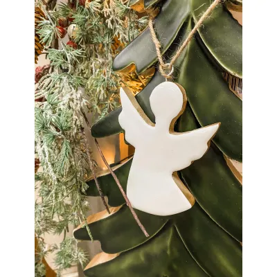 Wooden Hanging Angel w/ White Enamel 4.75x6in