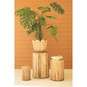 Set of 3 Round Recycled Wood Pedestals with Metal Trim Detail 2