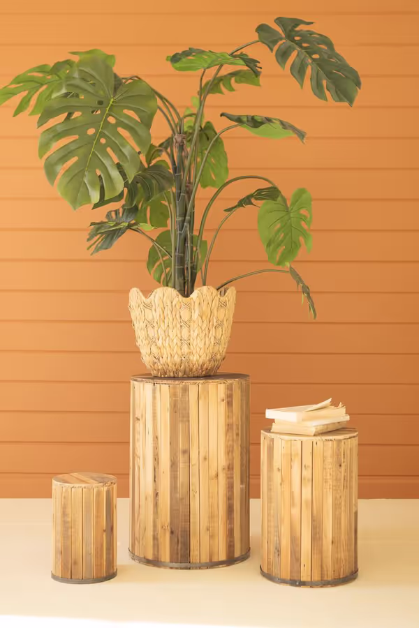 Set of 3 Round Recycled Wood Pedestals with Metal Trim Detail