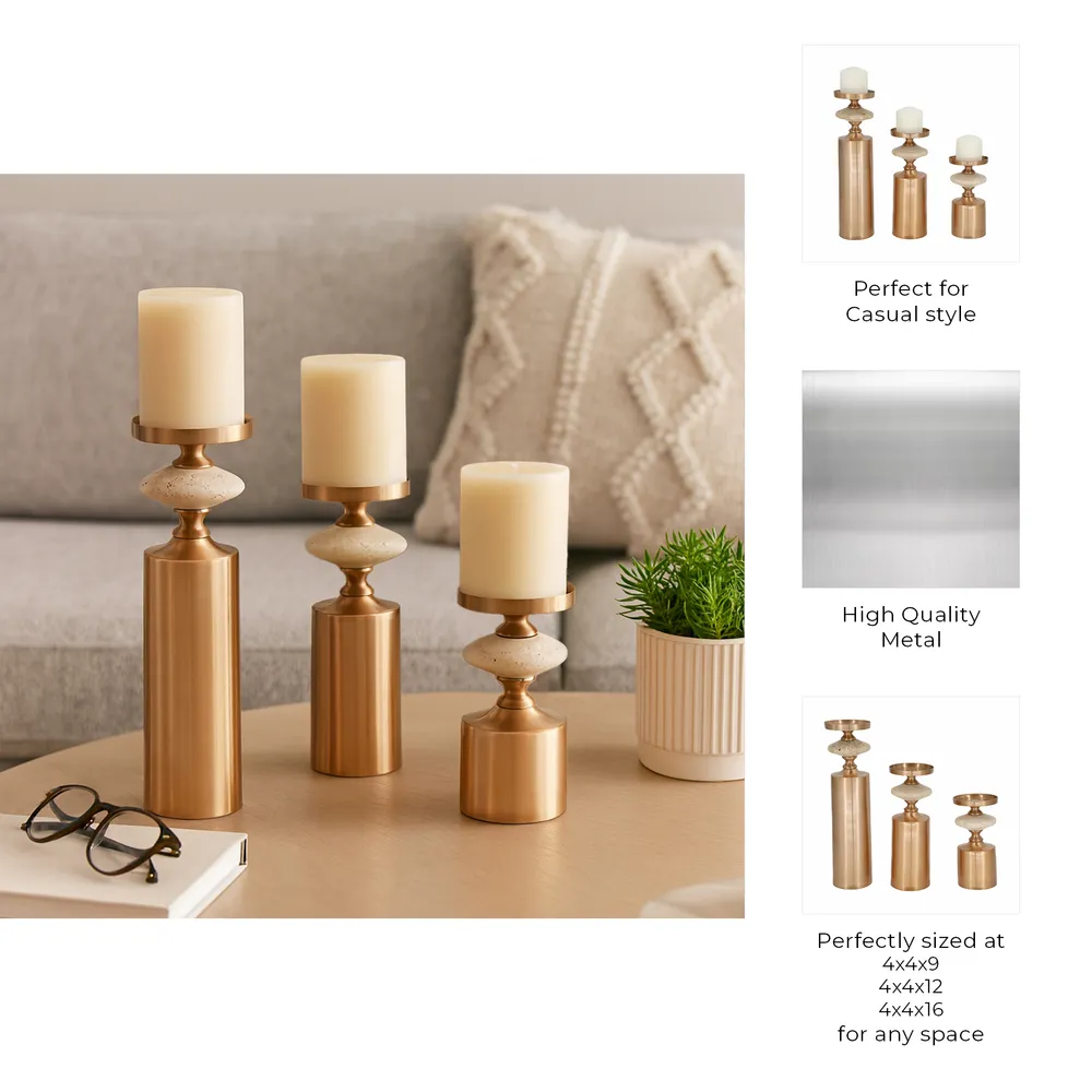 HAMPTONMILL SET OF 3 GOLD CANDLE HOLDER 16 (IN)