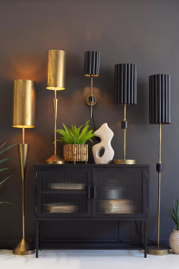 Antique Gold Floor Lamp with Fluted Black Metal Shade