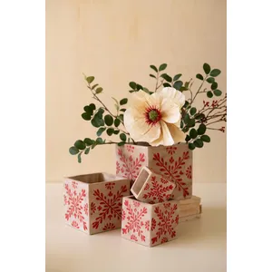 Set of 4 Square Cement Christmas Planters with Red Detail 3