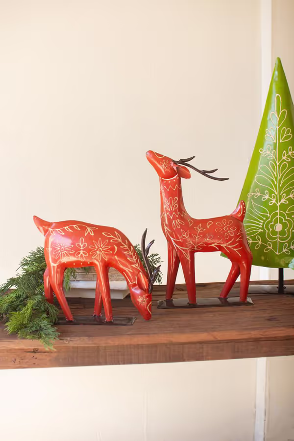 Set of 2 Painted Recycled Metal Folk Christmas Trees