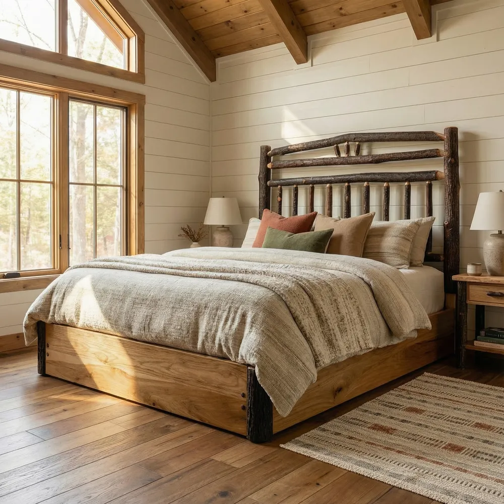 Hickory Log Wagon Wheel Platform Bed - Cal King - Cognac