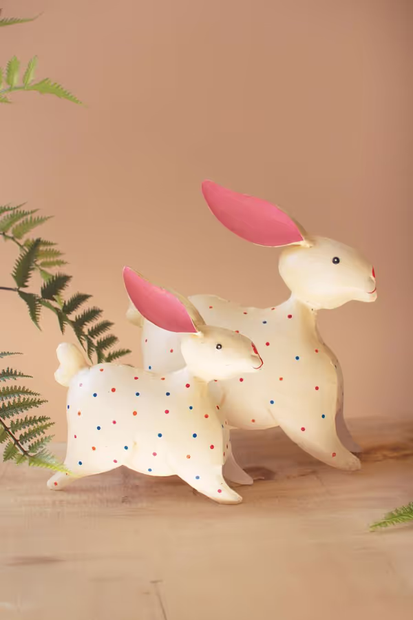 Set of 2 Painted Iron Rabbits with Polka Dots