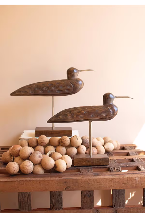 Set of 2 Carved Wooden Shorebirds on Stands