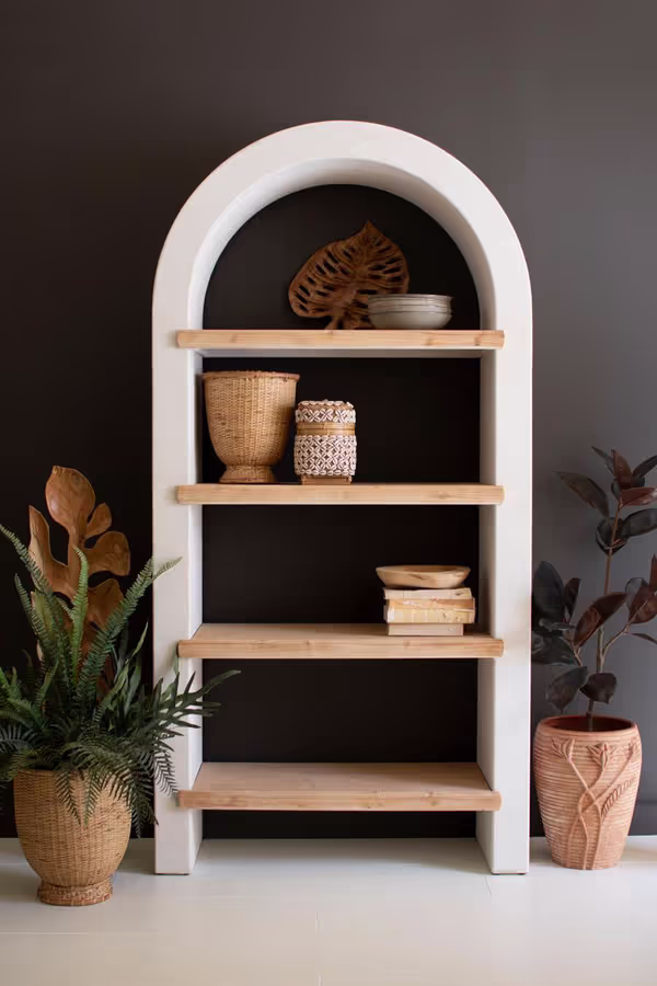 Textured Arched Shelving Unit with Four Wooden Shelves