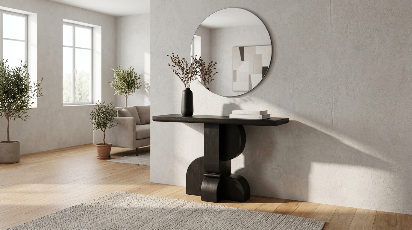 Minimalist black console table with round mirror and dried branches