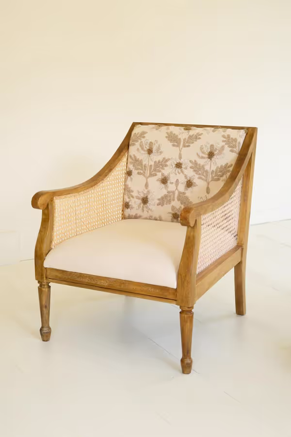 Mango Wood and Cane Arm Chair with Embroidery Back