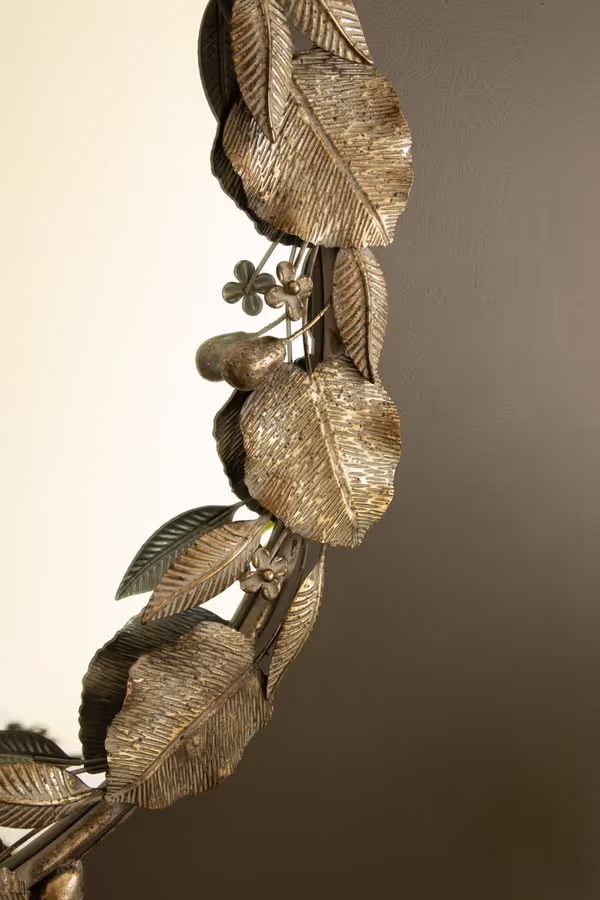 Round Rustic Metal Framed Mirror with Leaf and Fruit Detail