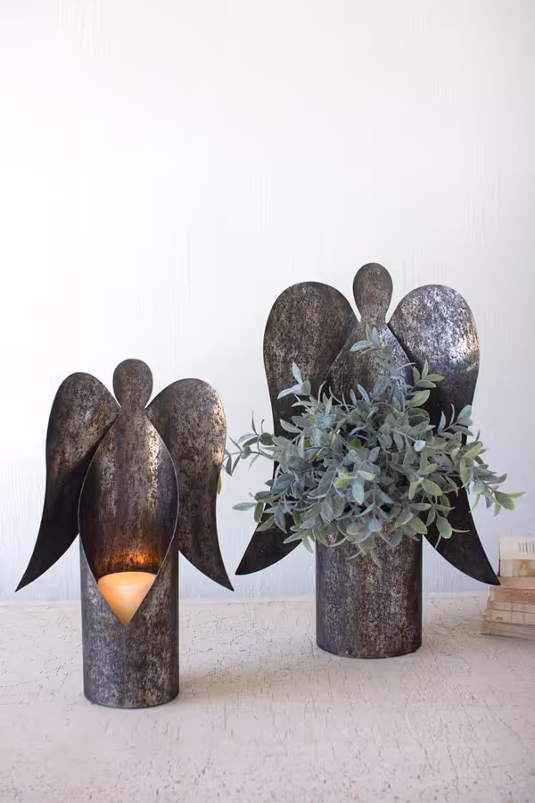 Set of 2 Rustic Metal Angel Candle Holders