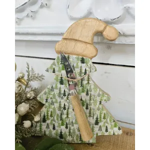 Christmas Tree Cheese Server W/Knife 10x8in 2