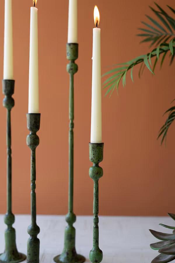 Set of 4 Forged-Iron Green Patina Taper Candle Holders