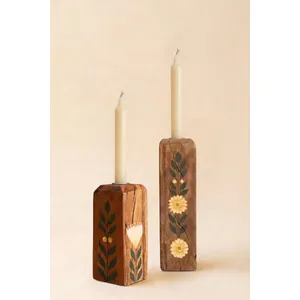 Set of 2 Hand-Painted Recycled Wood Taper Candle Holders 4