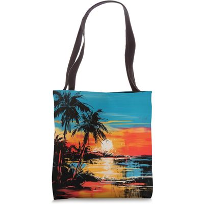 SEE-THRU MESH TOTE WITH FAUX LEATHER BOTTOM - SUNSET PALM TREES