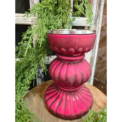 Lg. Antique Red Mercury Candle Holder 5.5x5.5x8.5in