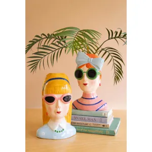 Set of 2 Ceramic Lady Vases with Sunglasses 1