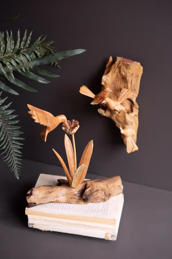 Repurposed Wood Sculpture with Hand-Carved Humming Bird