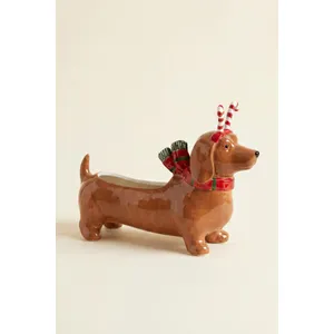 Ceramic Christmas Dachshund Planter with a Candy Cane Headband 4