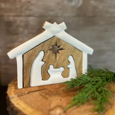 Wooden Nativity with White Enamel 7x5in