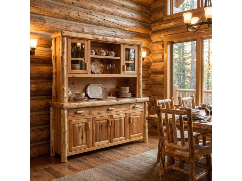 Cedar Log 75-inch Buffet & Hutch - with Shelving - Natural 1
