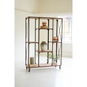 Iron and Wood Display with Alternating Shelves and Iron Casters 5