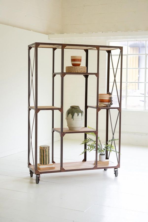 Iron and Wood Display with Alternating Shelves and Iron Casters