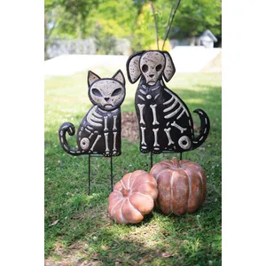 Set of 2 Hand-Hammered Painted Metal Cat and Dog Skeleton Yard Stakes 1