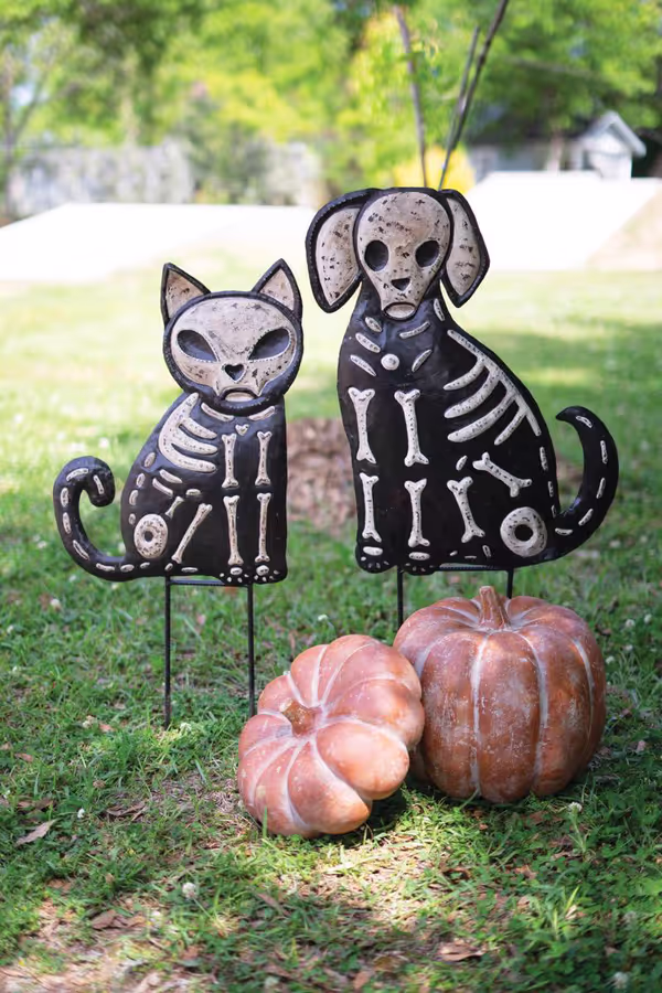 Set of 2 Hand-Hammered Painted Metal Cat and Dog Skeleton Yard Stakes