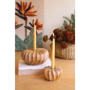 Set of 2 Carved Teakwood Pumpkins Taper Candleholders 3