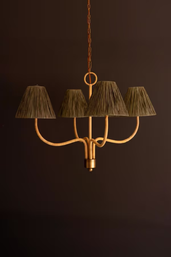 Rattan-Wrapped Chandelier with Raffia Shades