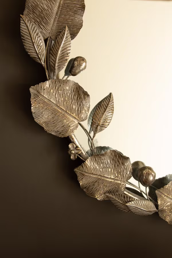 Round Rustic Metal Framed Mirror with Leaf and Fruit Detail