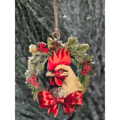 Chicken in wreath Ornament 3.25x4in