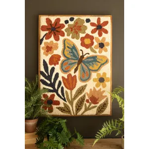 Framed Hand-Hooked Art with Fall Flowers & Butterfly 1