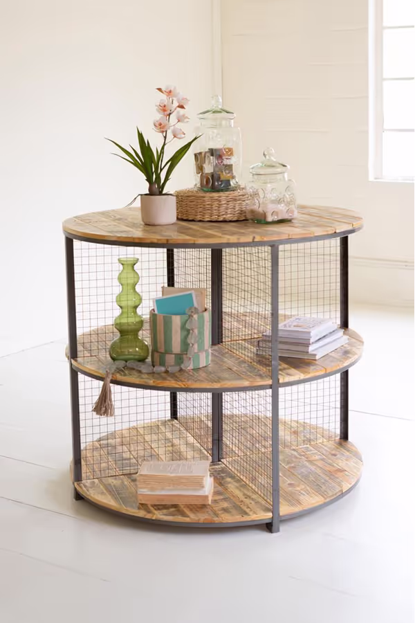 Round Iron and Wood Three-Tiered Display Unit