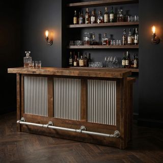 Barnwood 7-foot Bar with Corrugated Steel - Sink Cabinet - Artisan Top - Refrigerator Opening on Left