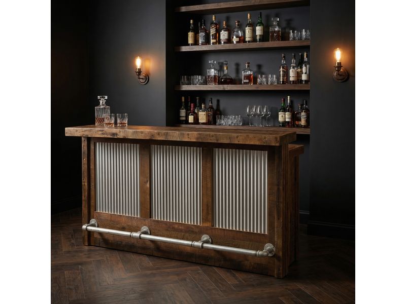 Barnwood 7-foot Bar with Corrugated Steel - Sink Cabinet - Artisan Top - Refrigerator Opening on Left 1