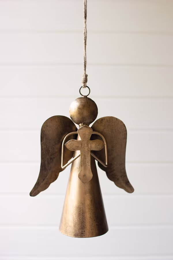 Antique Brass Angel Door Hanger Holding a Cross