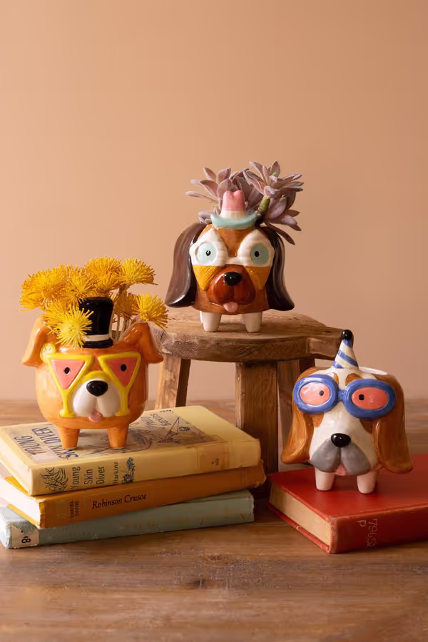 Set of 3 Ceramic Party Puppy Planters
