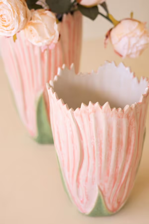Set of 2 Pink and Green Ceramic Vases