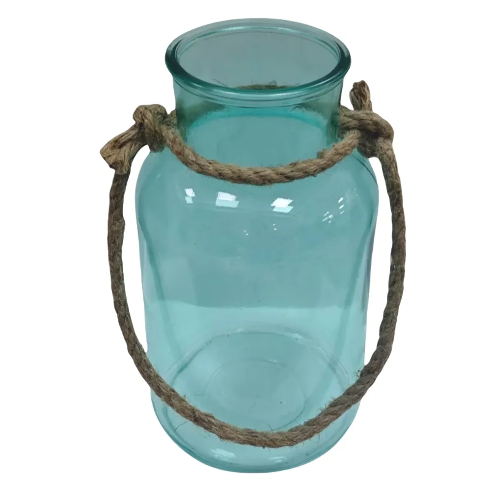 10" BLUE/GREEN JAR WITH ROPE HANDLE