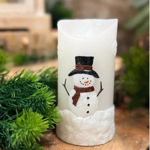 Frosty Snowman 3x6in Moving Flame LED Candle 2