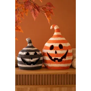 Set of 2 Painted Clay Striped Jack-O-Lanterns 1