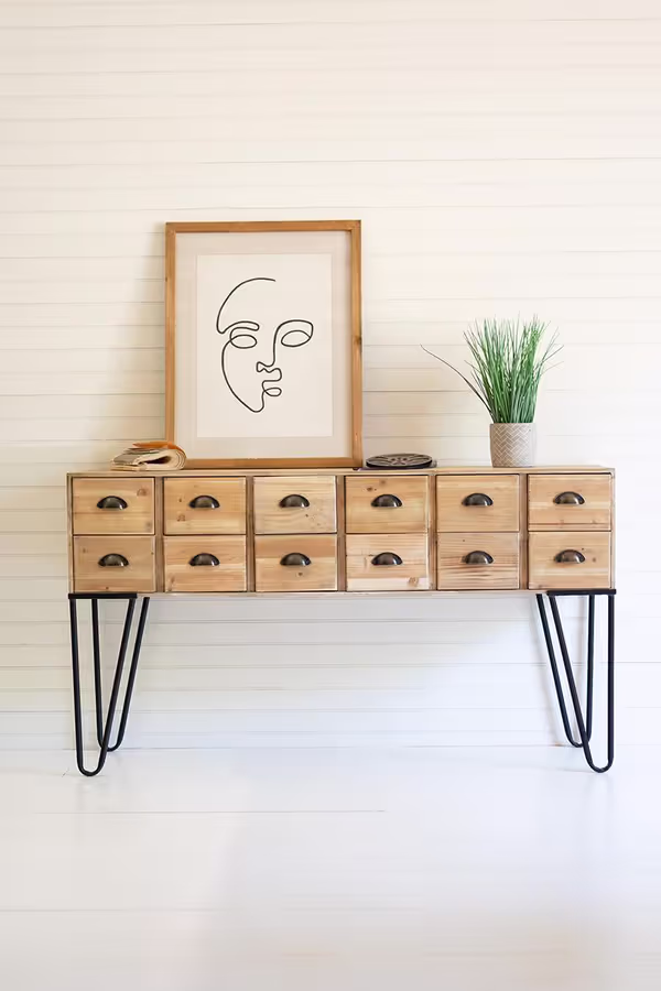 Wooden Console with 12 Drawers and Iron Legs